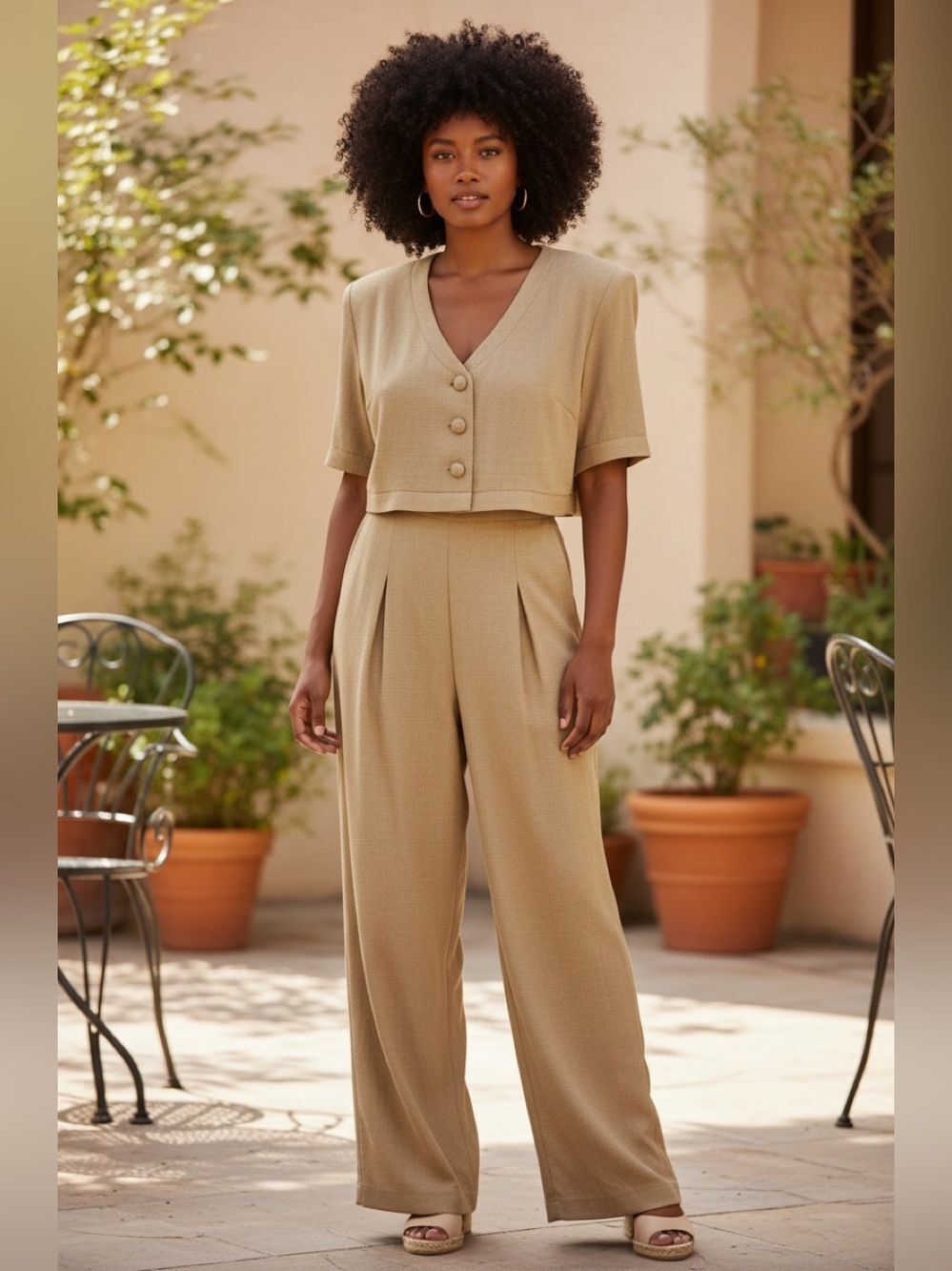 Jennifer Jeffries Vintage 80’s Beige Tan Short Sleeve Wide Leg Jumpsuit 14